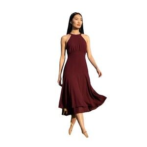 Donna Morgan Catalina Crepe Halter Whimsical Midi Dress  Oxblood 14